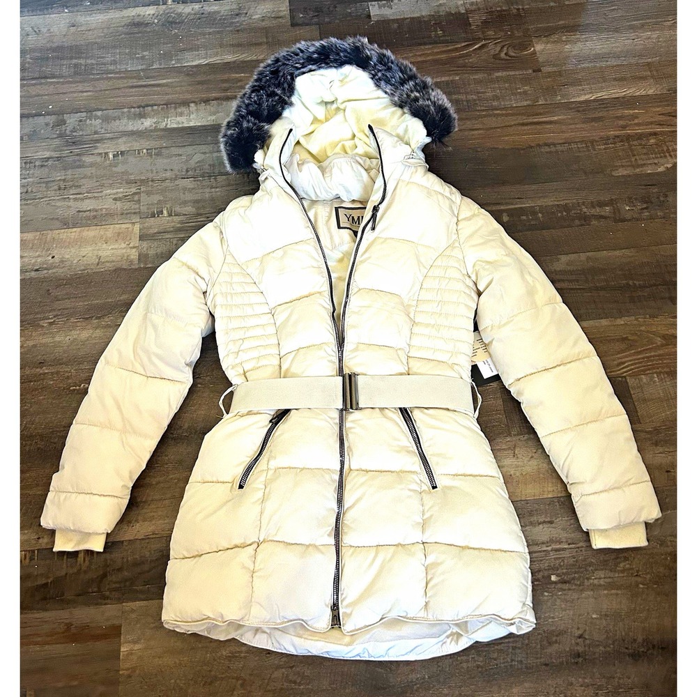 YMI Collection Women's White Hooded Belted Puffer Coat w/ Faux Fur Trim Size S